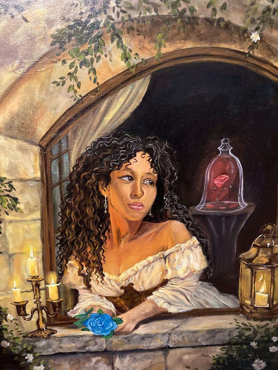 Princess Awaits, an original acrylic painting by Dyasha Pena: a woman with dark curls at an ivy-covered stone window, candlelight, a rose under glass and a blue rose in her hand.